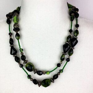 Green Black Stone Bead Costume Necklace